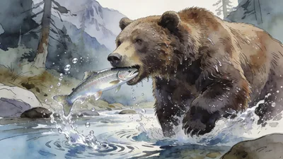 Visual depiction of A grizzly bear catching a leaping salmon in a mountain stream