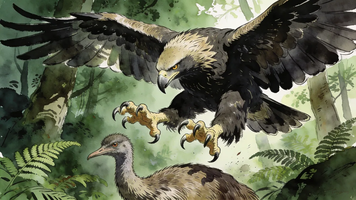 Visual depiction of A Haast's eagle stooping on a moa in New Zealand forest