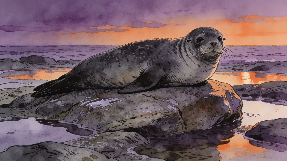 Visual depiction of A harbour seal resting on a sea-washed granite rock at twilight