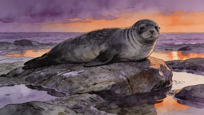 Visual depiction of A harbour seal resting on a sea-washed granite rock at twilight