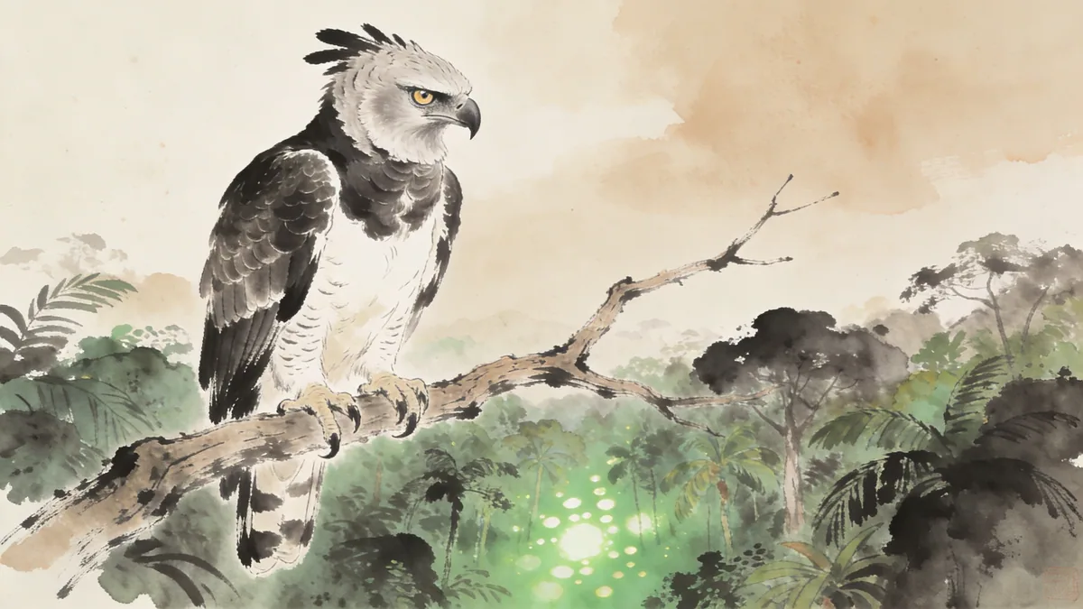 Visual depiction of A harpy eagle perched on a bare branch above a rainforest clearing
