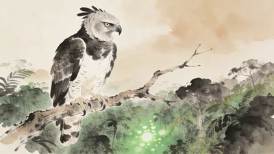 Visual depiction of A harpy eagle perched on a bare branch above a rainforest clearing