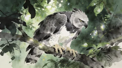 Visual depiction of A harpy eagle perched in an Amazon canopy