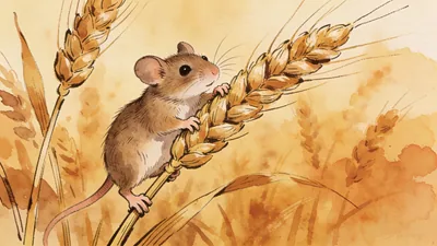 Visual depiction of A harvest mouse climbing a stalk of ripe wheat