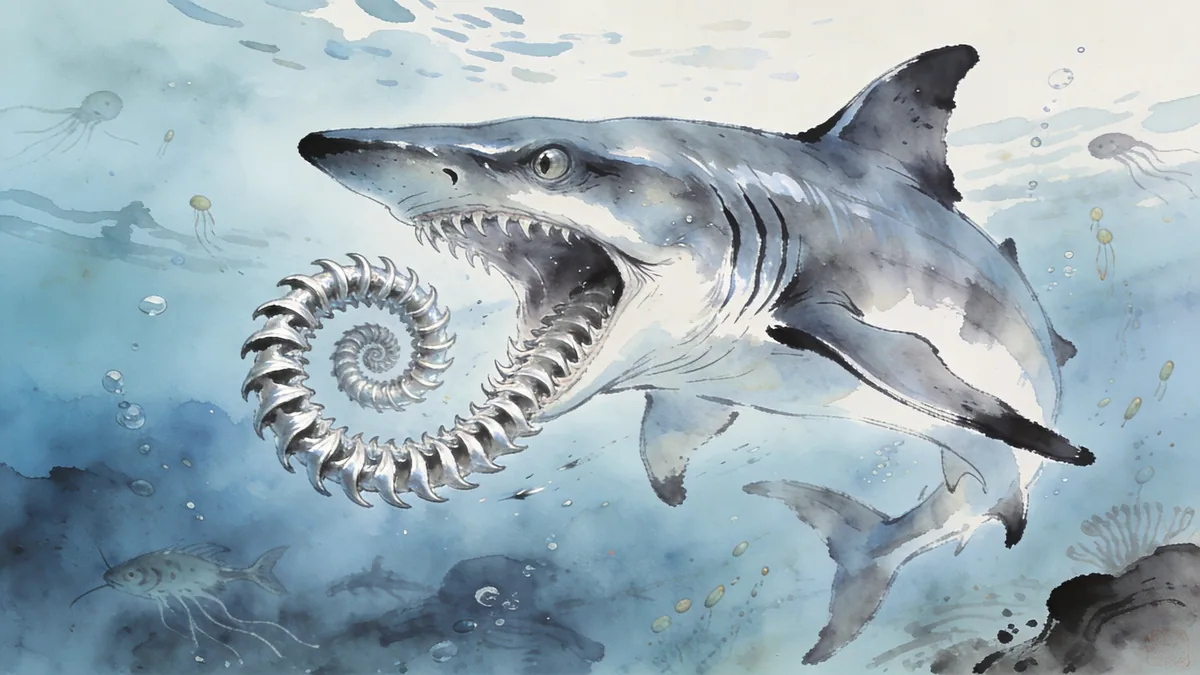 Visual depiction of A Helicoprion shark with its spiral tooth whorl hunting in an ancient sea