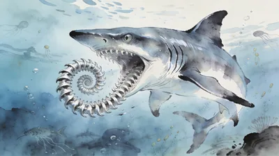 Visual depiction of A Helicoprion shark with its spiral tooth whorl hunting in an ancient sea