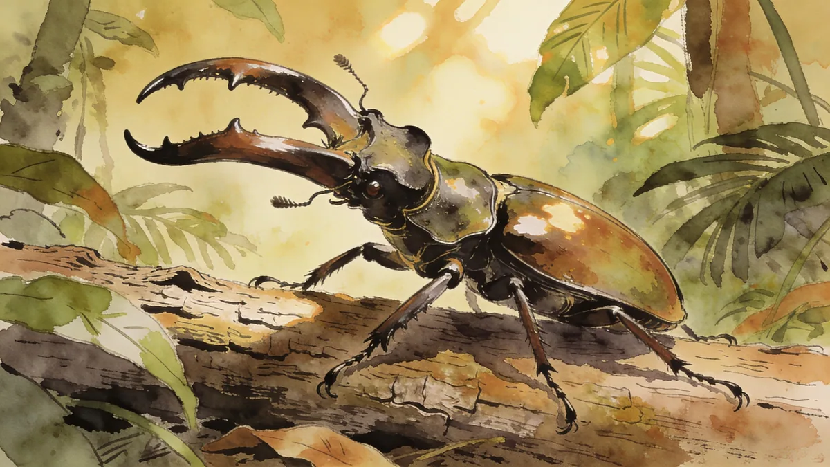 Visual depiction of A Hercules beetle on a tropical forest floor log