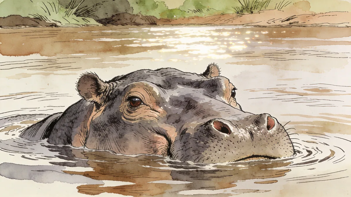 Visual depiction of A hippopotamus partially submerged in a wide African river at midday