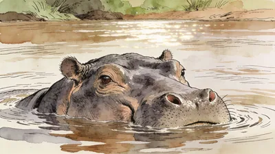 Visual depiction of A hippopotamus partially submerged in a wide African river at midday