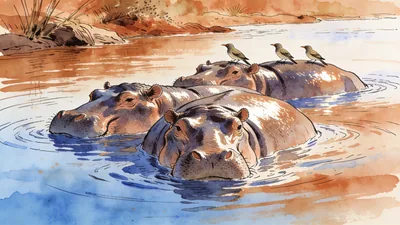 Visual depiction of A hippopotamus pod resting in a slow African river
