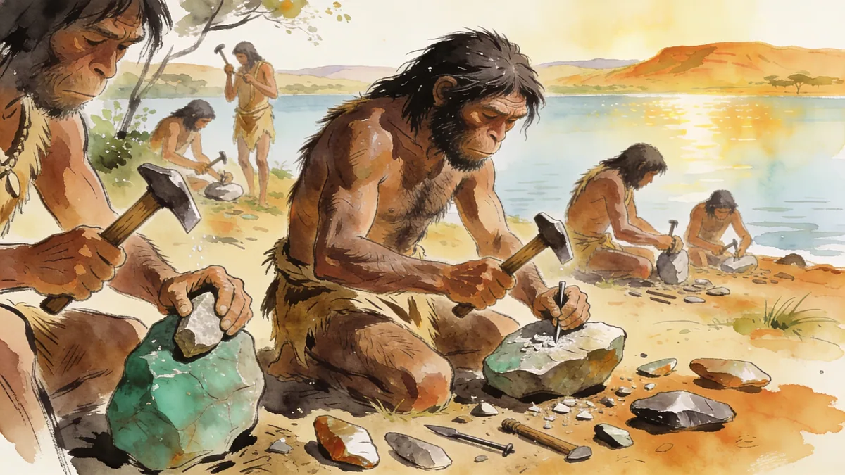 Visual depiction of A Homo erectus group making Acheulean hand axes beside a lake in Kenya