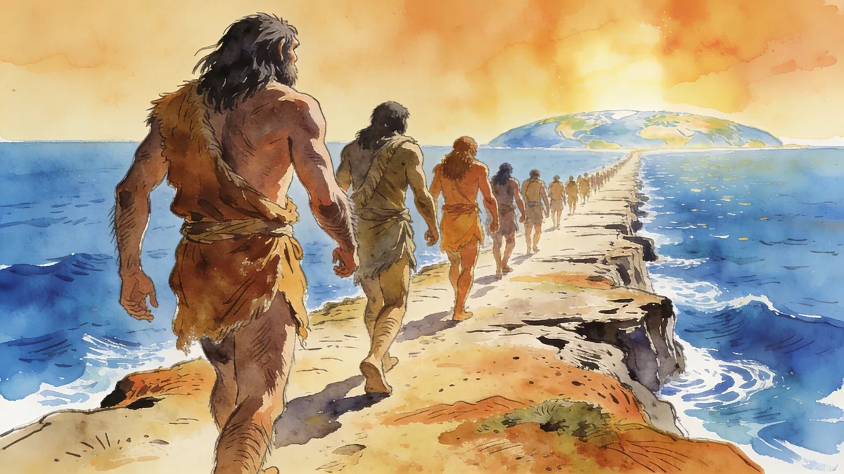 Visual depiction of A Homo erectus group crossing a land bridge out of Africa