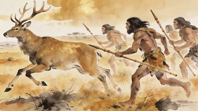 Visual depiction of A Homo erectus hunting party stalking a giant deer across open savanna with wooden spears