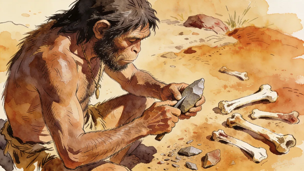 Visual depiction of A Homo habilis knapping a flint hand axe at a kill site in East Africa