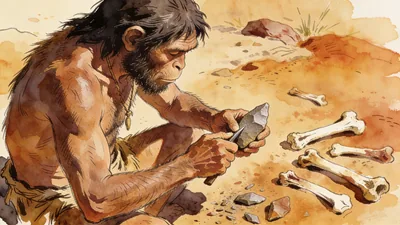 Visual depiction of A Homo habilis knapping a flint hand axe at a kill site in East Africa