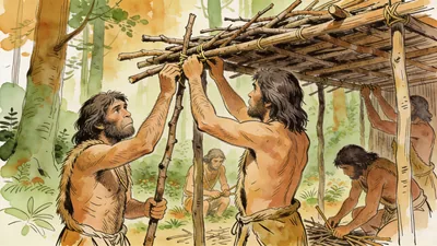 Visual depiction of A Homo heidelbergensis group constructing a wooden shelter from branches in a European forest
