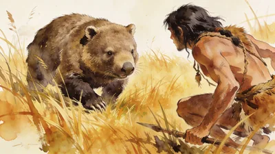 Visual depiction of A Homo sapiens hunter crouching in tall grass stalking a giant Australian wombat