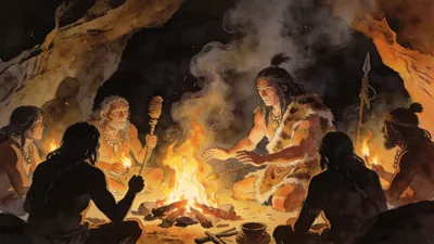 Visual depiction of A Homo sapiens shaman in animal skins leading a firelit ritual