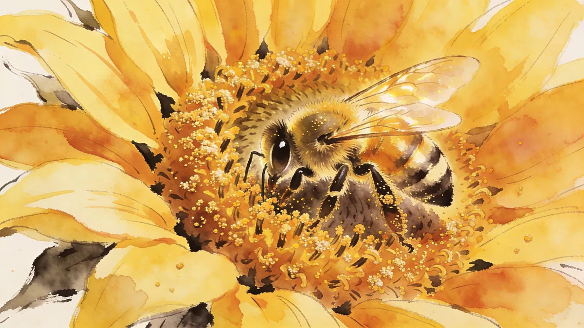 Visual depiction of A honeybee deep in the centre of a sunflower dusted with pollen