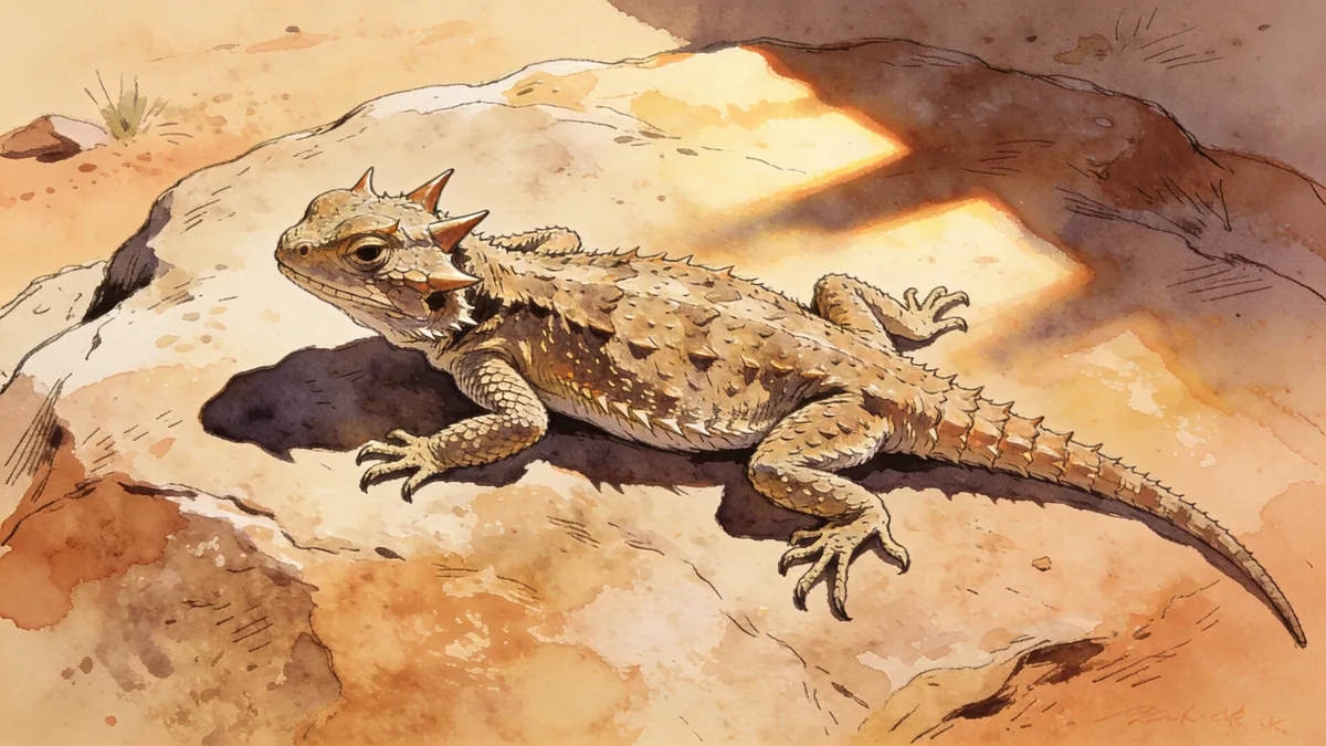 Visual depiction of A horned lizard flattened on a sun-warmed desert rock at noon
