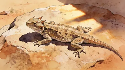 Visual depiction of A horned lizard flattened on a sun-warmed desert rock at noon