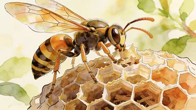 Visual depiction of A hornet queen building the first delicate paper cells of a new nest in spring