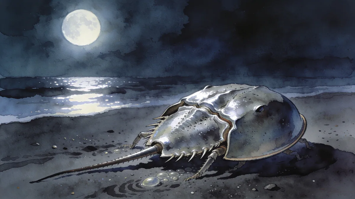 Visual depiction of A horseshoe crab crawling up a moonlit beach to spawn