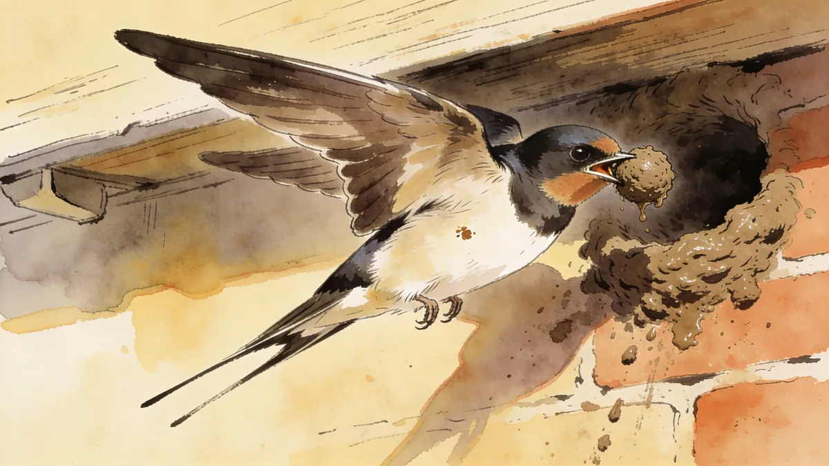 Visual depiction of A house martin building a mud nest under an eave