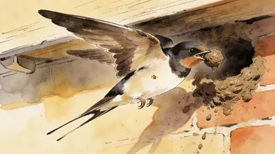 Visual depiction of A house martin building a mud nest under an eave