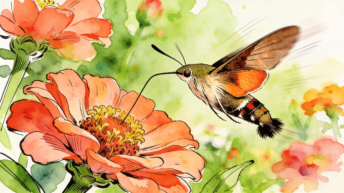 Visual depiction of A hummingbird hawkmoth hovering before a flower