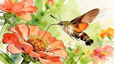 Visual depiction of A hummingbird hawkmoth hovering before a flower