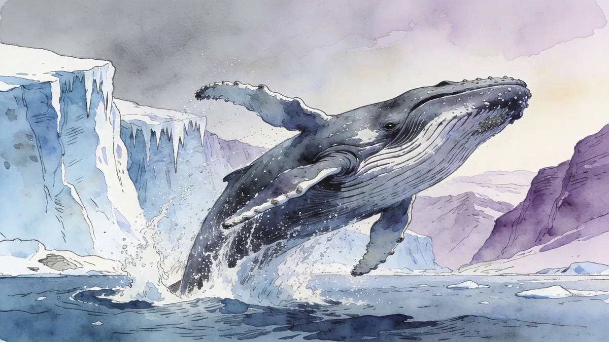 Visual depiction of A humpback whale breaching in an arctic fjord