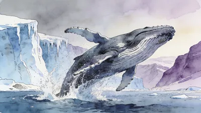 Visual depiction of A humpback whale breaching in an arctic fjord