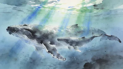 Visual depiction of A humpback whale mother and calf swimming through sunlit open ocean