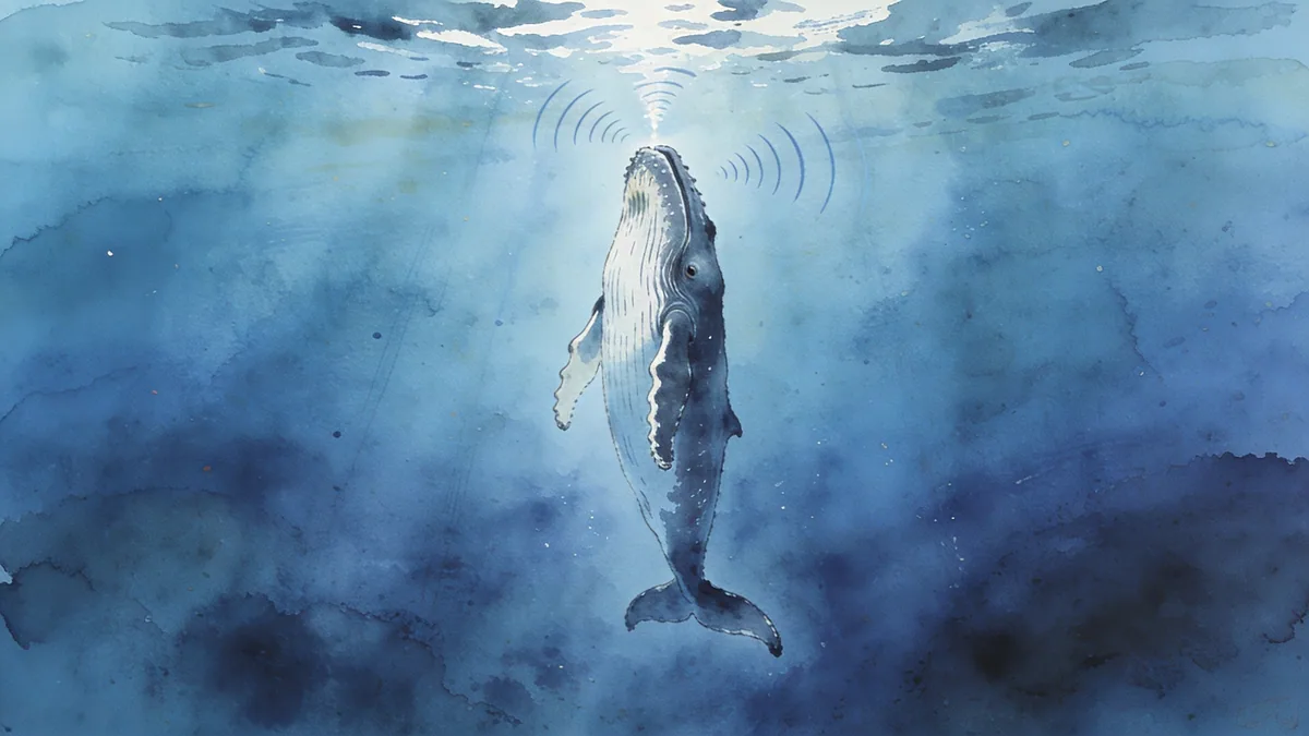Visual depiction of A humpback whale singing alone in deep blue ocean