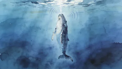 Visual depiction of A humpback whale singing alone in deep blue ocean