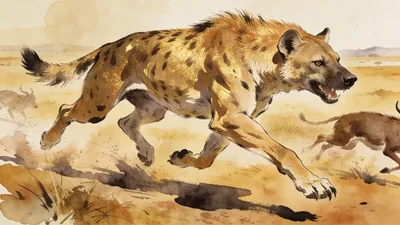 Visual depiction of A Hyaenodon — top predator of the Oligocene — running down prey across an open plain