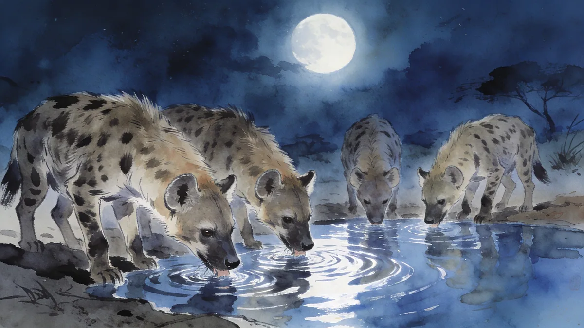 Visual depiction of A hyena clan drinking at a moonlit waterhole