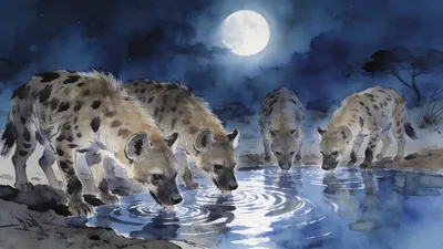 Visual depiction of A hyena clan drinking at a moonlit waterhole