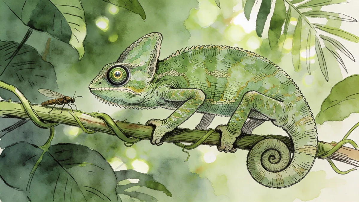 Visual depiction of A Jackson's chameleon slowly stalking an insect along a jungle vine
