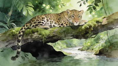 Visual depiction of A jaguar resting on a moss-covered branch above a jungle river