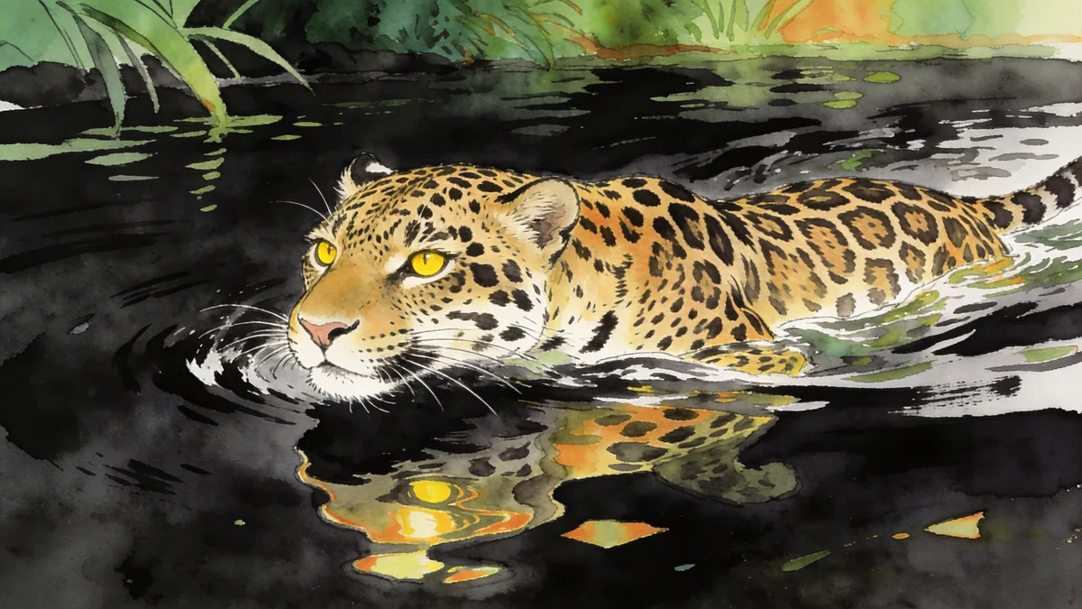 Visual depiction of A jaguar swimming powerfully across an Amazonian black-water river