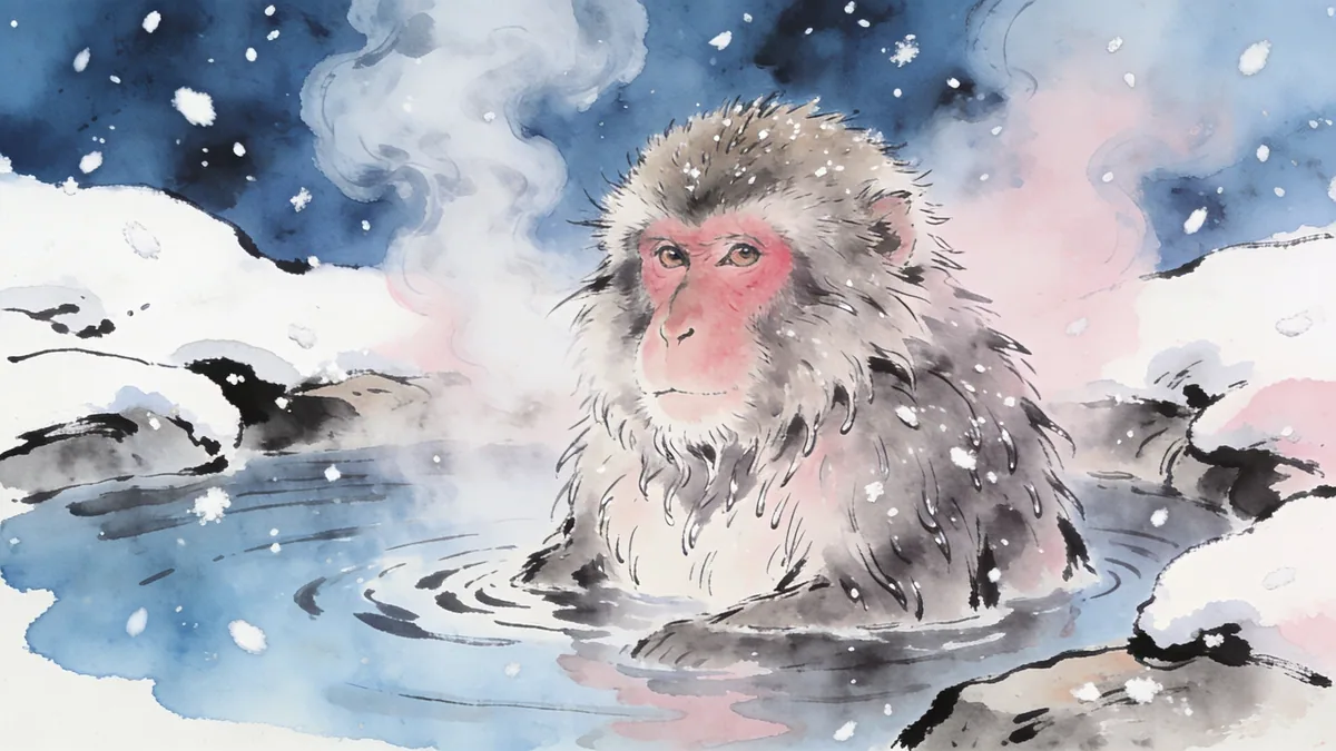 Visual depiction of A Japanese macaque sitting in a steaming hot spring in winter snowfall
