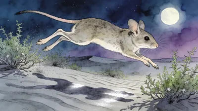 Visual depiction of A jerboa leaping through low desert scrub at night