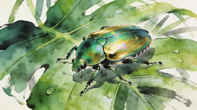 Visual depiction of A jewel beetle on a tropical leaf