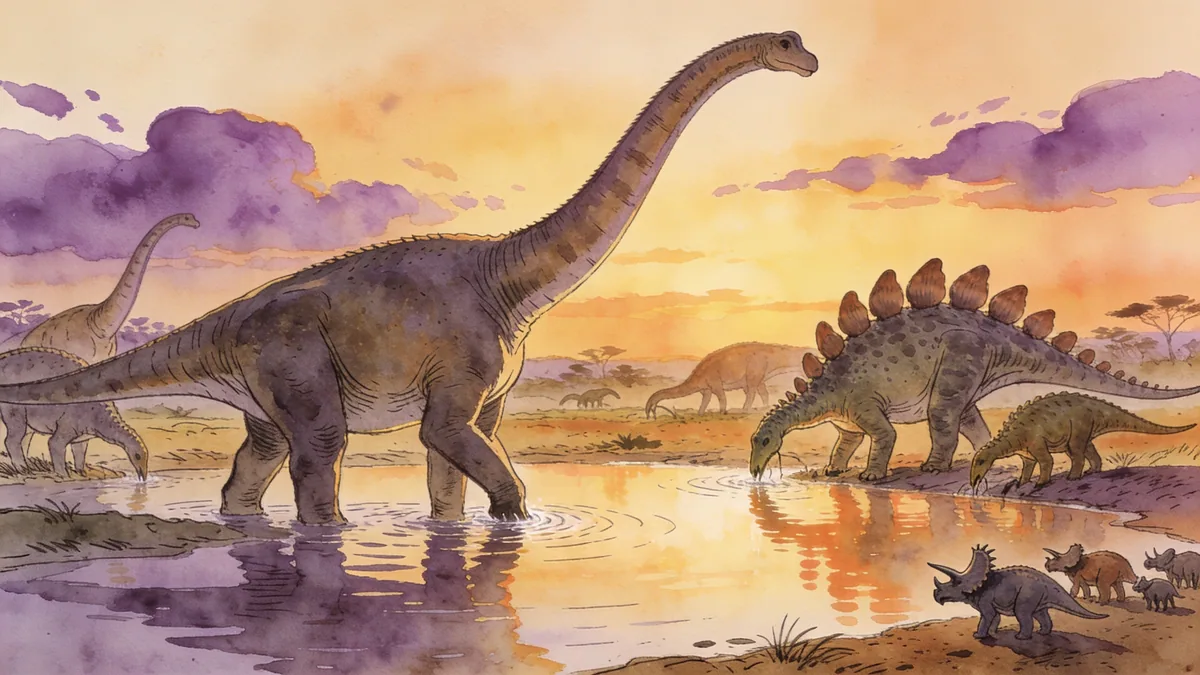 Visual depiction of A Jurassic landscape at sunset with multiple dinosaur species at a watering hole