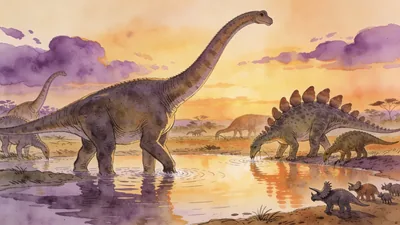 Visual depiction of A Jurassic landscape at sunset with multiple dinosaur species at a watering hole