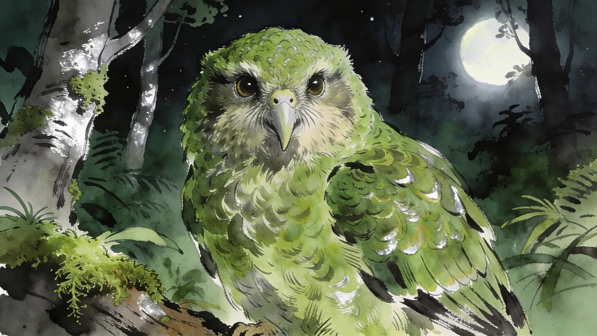 Visual depiction of A kakapo at night in New Zealand forest undergrowth