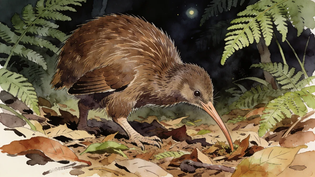 Visual depiction of A kiwi bird foraging in fern-covered New Zealand forest floor at night