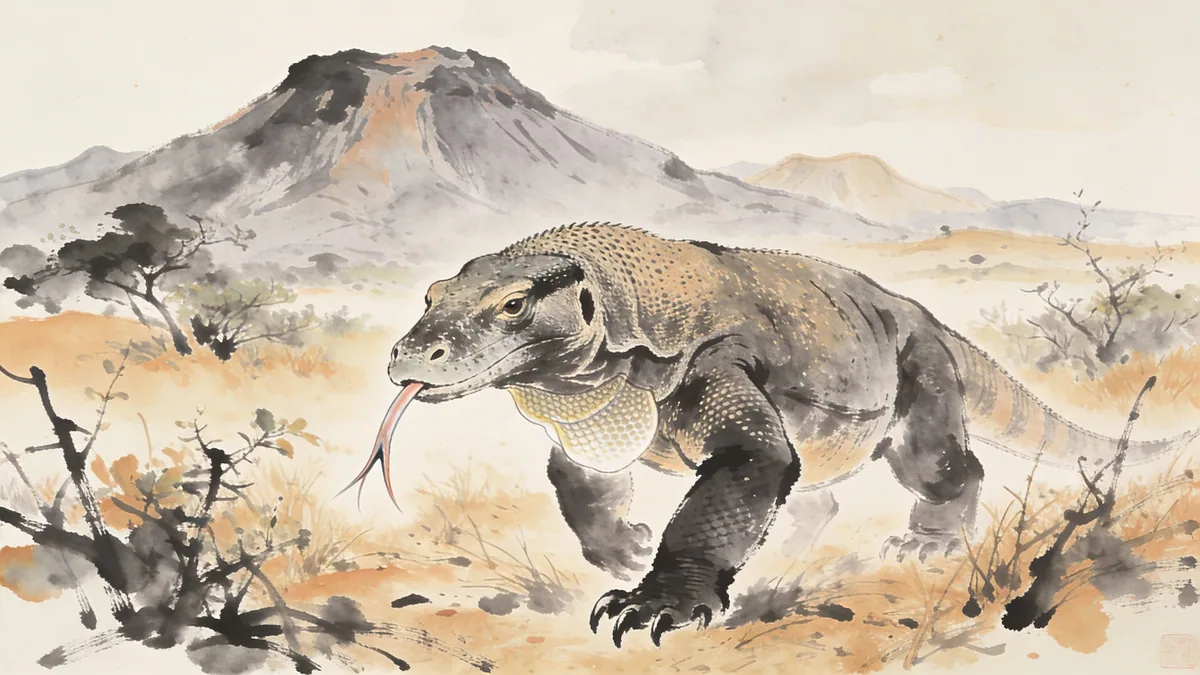 Visual depiction of A Komodo dragon walking slowly through dry island scrub